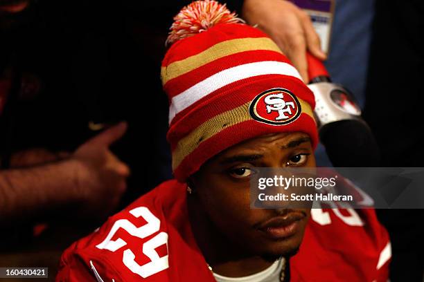 Chris Culliver of the San Francisco 49ers addresses the media during Super Bowl XLVII Media Availability at the New Orleans Marriott on January 31,...