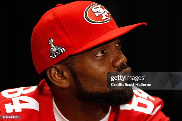 Randy Moss of the San Francisco 49ers addresses the media during Super Bowl XLVII Media Availability at the New Orleans Marriott on January 31, 2013...