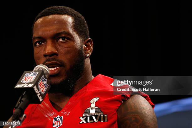 Patrick Willis of the San Francisco 49ers addresses the media during Super Bowl XLVII Media Availability at the New Orleans Marriott on January 31,...