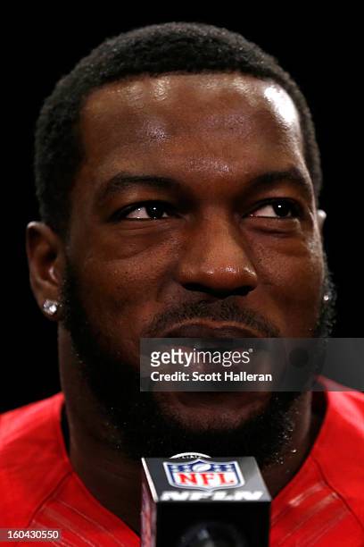 Patrick Willis of the San Francisco 49ers addresses the media during Super Bowl XLVII Media Availability at the New Orleans Marriott on January 31,...