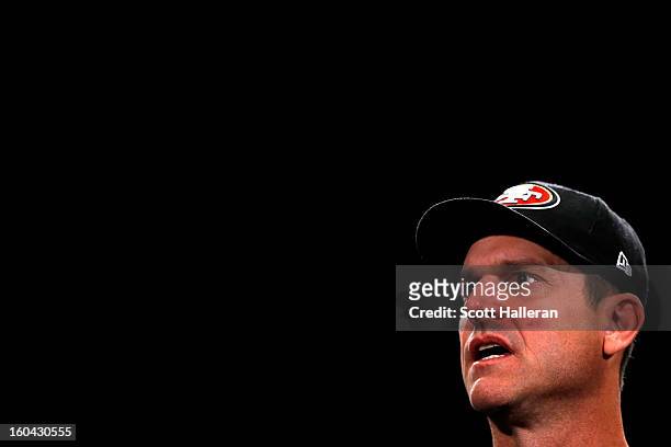 Head coach Jim Harbaugh of the San Francisco 49ers addresses the media during Super Bowl XLVII Media Availability at the New Orleans Marriott on...