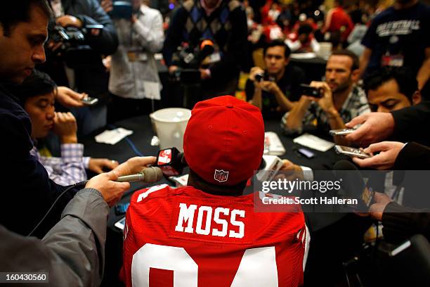 Randy Moss of the San Francisco 49ers addresses the media during Super Bowl XLVII Media Availability at the New Orleans Marriott on January 31, 2013...