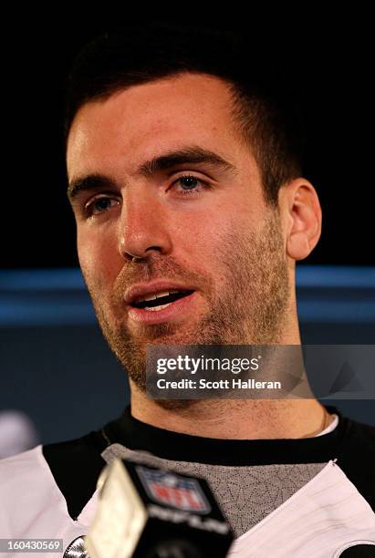 Joe Flacco of the Baltimore Ravens addresses the media during Super Bowl XLVII Media Availability at the Hilton New Orleans Riverside on January 31,...