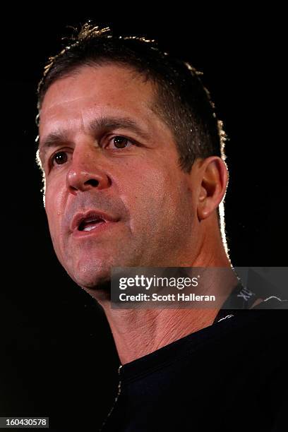 Head coach John Harbaugh of the Baltimore Ravens addresses the media during Super Bowl XLVII Media Availability at the Hilton New Orleans Riverside...