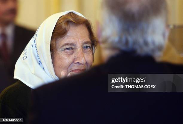 Argentinian Marta Vasquez-Ocampo, president of "Mothers of the Plaza de Mayo" delivers a speech during the International Convention on the Forced...