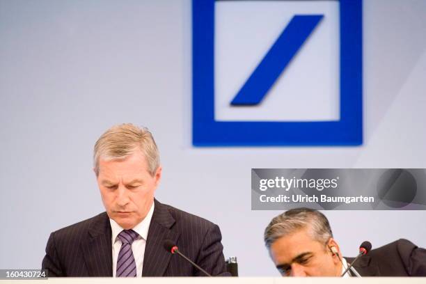 Juergen Fitschen and Anshu Jain, Co-CEOs of Deutsche Bank, during the company's annual press conference to announce its financial results for 2012 on...