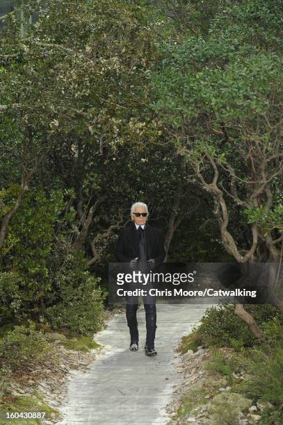 Designer Karl Lagerfeld walks the runway at the Chanel Spring Summer 2013 fashion show during Paris Haute Couture Fashion Week on January 22, 2013 in...