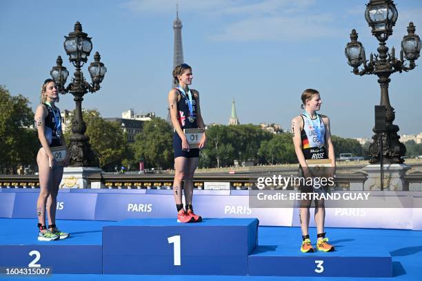 First placed England's Beth Potter , Second placed France's Cassandre Beaugrand and third placed Germany's Laura Lindemann celebrate on the podium...
