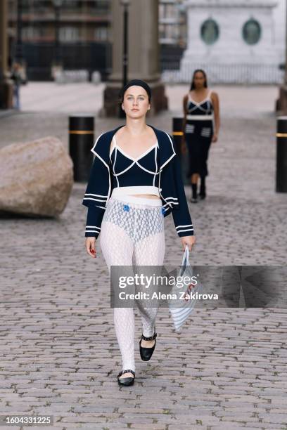 Model walks the runway at the Baum und Pferdgarten show during the Copenhagen Fashion Week Spring/Summer 2024 on August 09, 2023 in Copenhagen,...