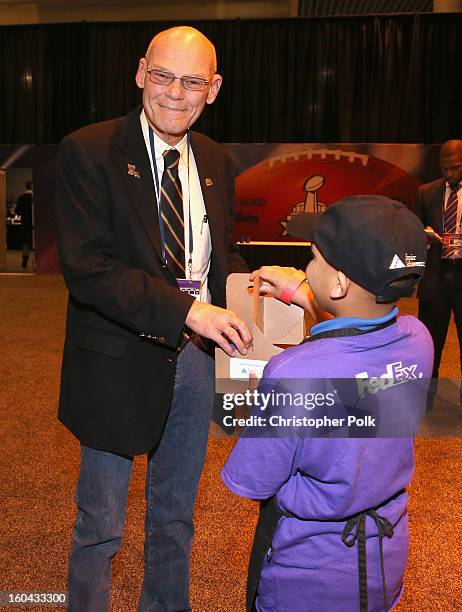 James Carville attends the FedEx lemonade stand with Junior Achievement students in the Super Bowl XLVII Media Center, one of the most...