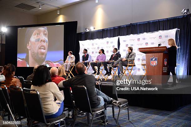 Super Bowl Press Conference -- Pictured: Justin Hochberg, Justin Tuck, Larry Fitzgerald, Jameel McClain, Charlie Ebersol, Toby Grath, Senior Vice...