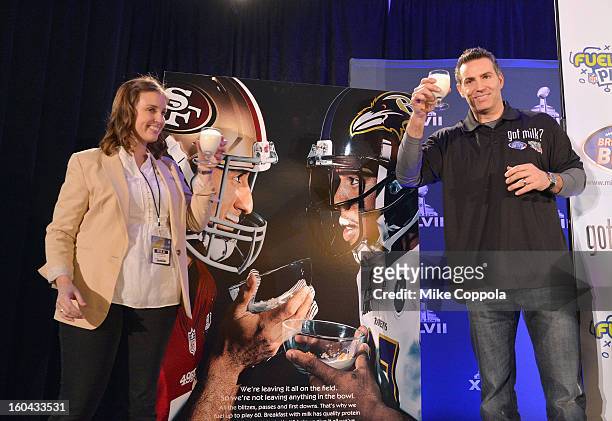 Marketing Manager, MilkPEP Katie DeGenova and Kurt Warner unveil new milk mustache "Got Milk?" Super Bowl ad at Super Bowl XLVII Media Center on...
