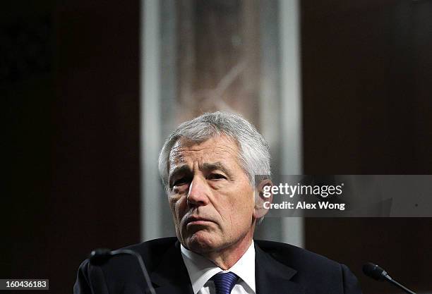 Former U.S. Sen. Chuck Hagel testifies before the Senate Armed Services Committee during his confirmation hearing to become the next secretary of...