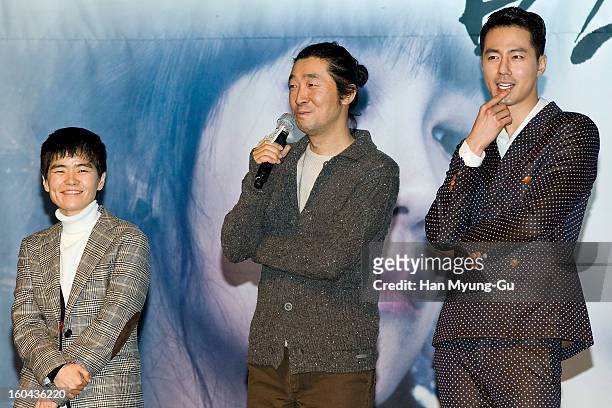 South Korean dramatist Noh Hee-Kyung, producer Kim Kyu-Tae and actor Zo In-Sung attend the SBS Drama 'Baramibunda' press conference at Blue Square...