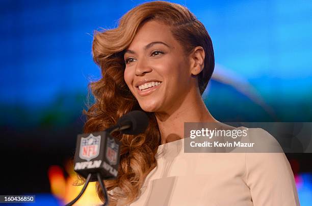 Singer Beyonce speaks onstage at the Pepsi Super Bowl XLVII Halftime Show Press Conference at the Ernest N. Morial Convention Center on January 31,...