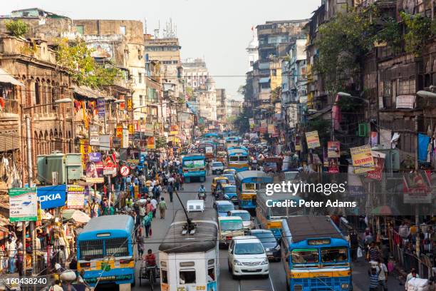 trams, buses & traffic kolkata, india - indian city roads stock pictures, royalty-free photos & images