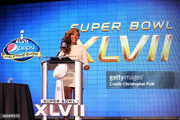 Beyonce speaks at the Pepsi Super Bowl XLVII Halftime Show Press Conference at the Ernest N. Morial Convention Center on January 31, 2013 in New...