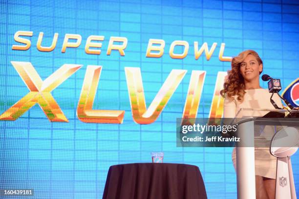 Beyonce speaks onstage at the Pepsi Super Bowl XLVII Halftime Show Press Conference at the Ernest N. Morial Convention Center on January 31, 2013 in...