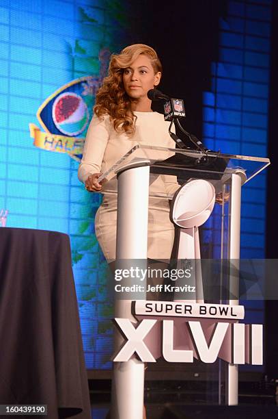 Beyonce speaks onstage at the Pepsi Super Bowl XLVII Halftime Show Press Conference at the Ernest N. Morial Convention Center on January 31, 2013 in...