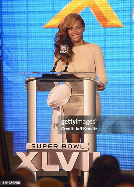 Beyonce speaks onstage at the Pepsi Super Bowl XLVII Halftime Show Press Conference at the Ernest N. Morial Convention Center on January 31, 2013 in...