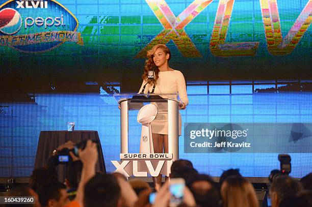 Beyonce speaks onstage at the Pepsi Super Bowl XLVII Halftime Show Press Conference at the Ernest N. Morial Convention Center on January 31, 2013 in...