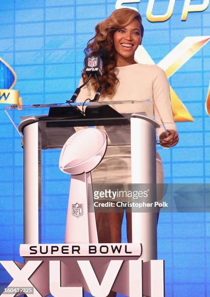Beyonce speaks onstage at the Pepsi Super Bowl XLVII Halftime Show Press Conference at the Ernest N. Morial Convention Center on January 31, 2013 in...