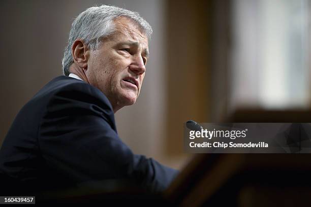Former U.S. Senator Chuck Hagel testifies before the Senate Armed Services Committee during his confirmation hearing to become the next secretary of...
