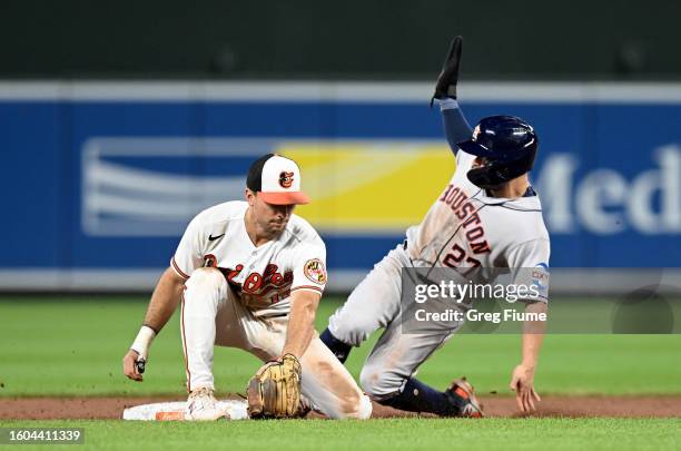 Jose Altuve of the Houston Astros steals second base in the eighth inning ahead of the tag of Adam Frazier of the Baltimore Orioles at Oriole Park at...