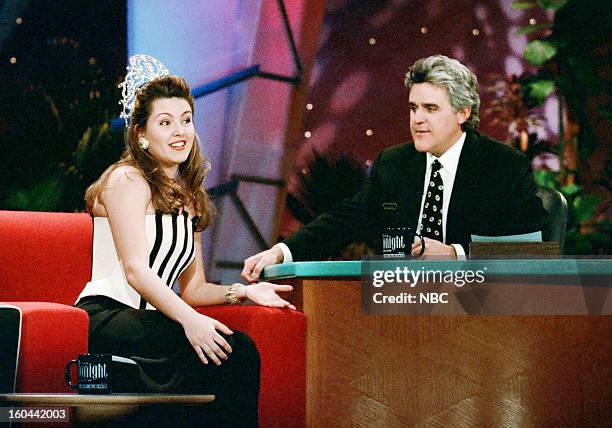 Episode 1081 -- Pictured: Miss Universe Alicia Machado during an interview with host Jay Leno on February 3, 1997 --