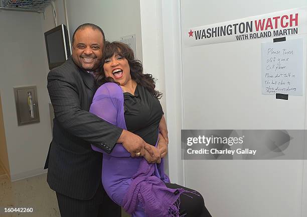 Host Roland Martin and actress Jackée attend the taping of TV One's "Washington Watch With Roland Martin" Hollywood Special at KCET Studios on...