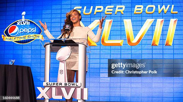 Beyonce speaks onstage at the Pepsi Super Bowl XLVII Halftime Show Press Conference at the Ernest N. Morial Convention Center on January 31, 2013 in...