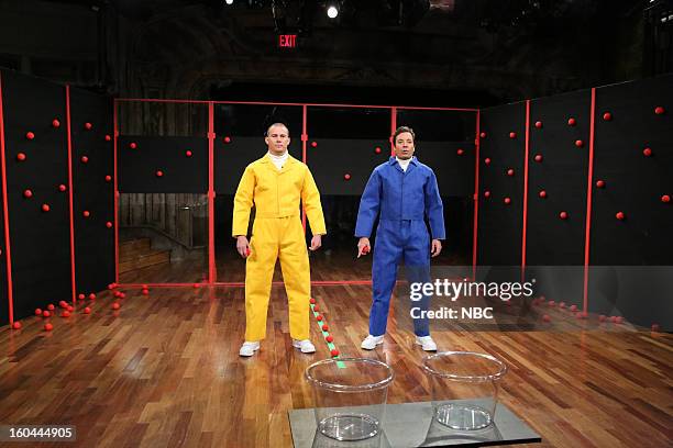 Episode 773 -- Pictured: Actor Channing Tatum, host Jimmy Fallon during a skit on January 31, 2013--