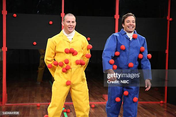 Episode 773 -- Pictured: Actor Channing Tatum, host Jimmy Fallon during a skit on January 31, 2013--