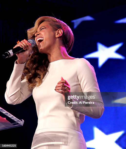 Singer Beyonce performs the National Anthem at the Pepsi Super Bowl XLVII Halftime Show Press Conference at the Ernest N. Morial Convention Center on...