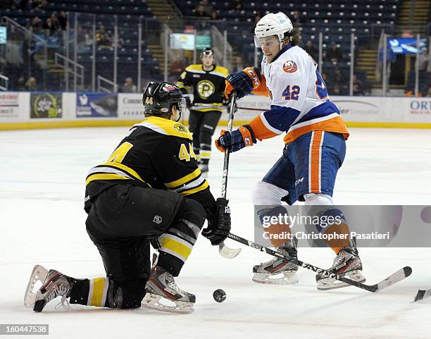 Torey Krug of the Providence Bruins blocks the shot of Brandon DeFazio of the Bridgeport Sound Tigers during overtime of an American Hockey League...