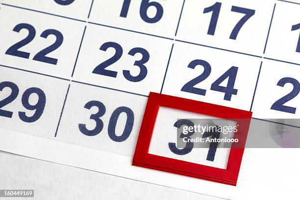 number 31 bordered by red in calendar - december 30 stock pictures, royalty-free photos & images