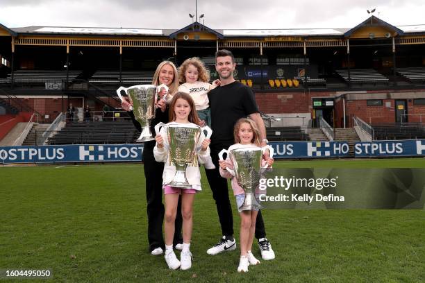 Trent Cotchin poses for a portrait with his wife Brooke and their children Parker, Harper and Mackenzie after announcing his retirement from AFL...