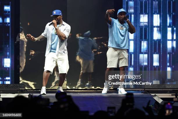 Cent and Jadakiss perform onstage during the 50 Cent: The Final Lap Tour at Barclays Center on August 09, 2023 in New York City.