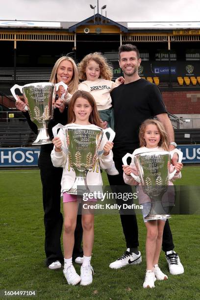 Trent Cotchin poses for a portrait with his wife Brooke and their children Parker, Harper and Mackenzie after announcing his retirement from AFL...