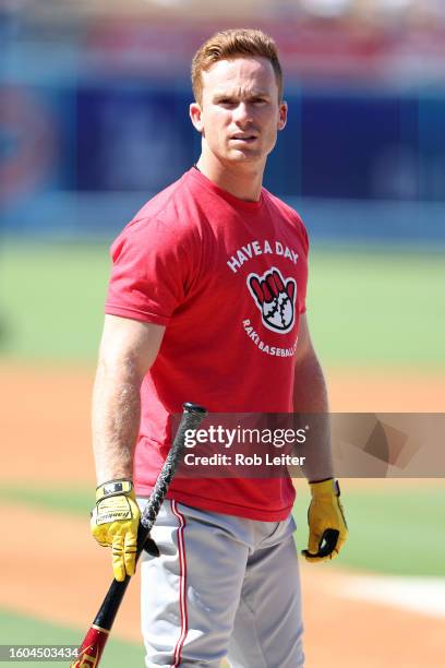 Matt McClain of the Cincinnati Reds looks on before the game against the Los Angeles Dodgers at Dodger Stadium on July 29, 2023 in Los Angeles,...