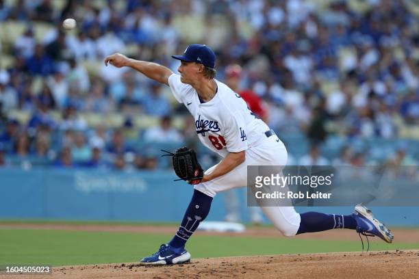 Emmet Sheehan of the Los Angeles Dodgers pitches during the game against the Cincinnati Reds at Dodger Stadium on July 29, 2023 in Los Angeles,...