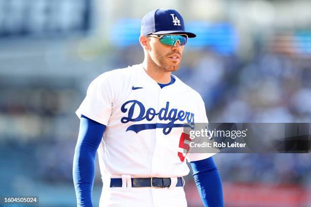 Freddie Freeman of the Los Angeles Dodgers looks on during the game against the Cincinnati Reds at Dodger Stadium on July 29, 2023 in Los Angeles,...