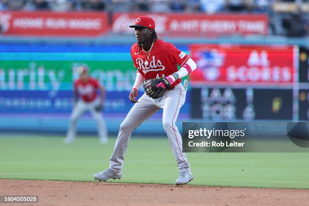 Elly De La Cruz of the Cincinnati Reds plays shortstop during the game against the Los Angeles Dodgers at Dodger Stadium on July 29, 2023 in Los...