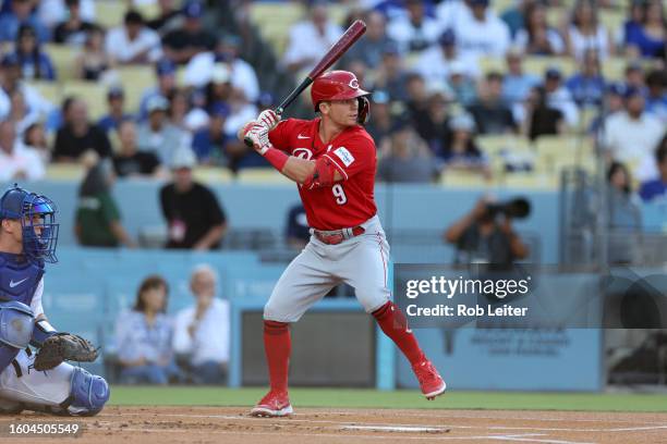 Matt McClain of the Cincinnati Reds bats during the game against the Los Angeles Dodgers at Dodger Stadium on July 29, 2023 in Los Angeles,...