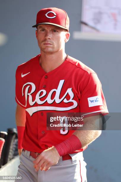 Matt McClain of the Cincinnati Reds looks on before the game against the Los Angeles Dodgers at Dodger Stadium on July 29, 2023 in Los Angeles,...