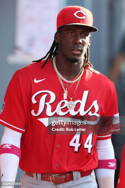 Elly De La Cruz of the Cincinnati Reds looks on before the game against the Los Angeles Dodgers at Dodger Stadium on July 29, 2023 in Los Angeles,...