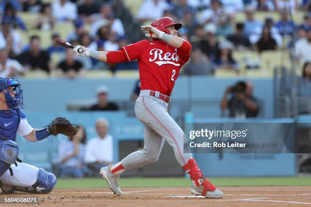 Friedl of the Cincinnati Reds bats during the game against the Los Angeles Dodgers at Dodger Stadium on July 29, 2023 in Los Angeles, California. The...