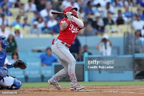 Jake Fraley of the Cincinnati Reds bats during the game against the Los Angeles Dodgers at Dodger Stadium on July 29, 2023 in Los Angeles,...