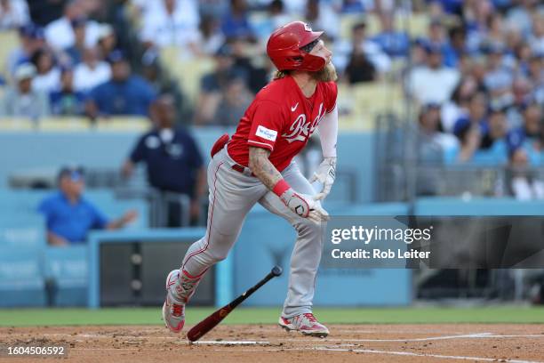 Jake Fraley of the Cincinnati Reds bats during the game against the Los Angeles Dodgers at Dodger Stadium on July 29, 2023 in Los Angeles,...