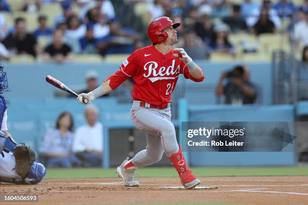 Friedl of the Cincinnati Reds bats during the game against the Los Angeles Dodgers at Dodger Stadium on July 29, 2023 in Los Angeles, California. The...